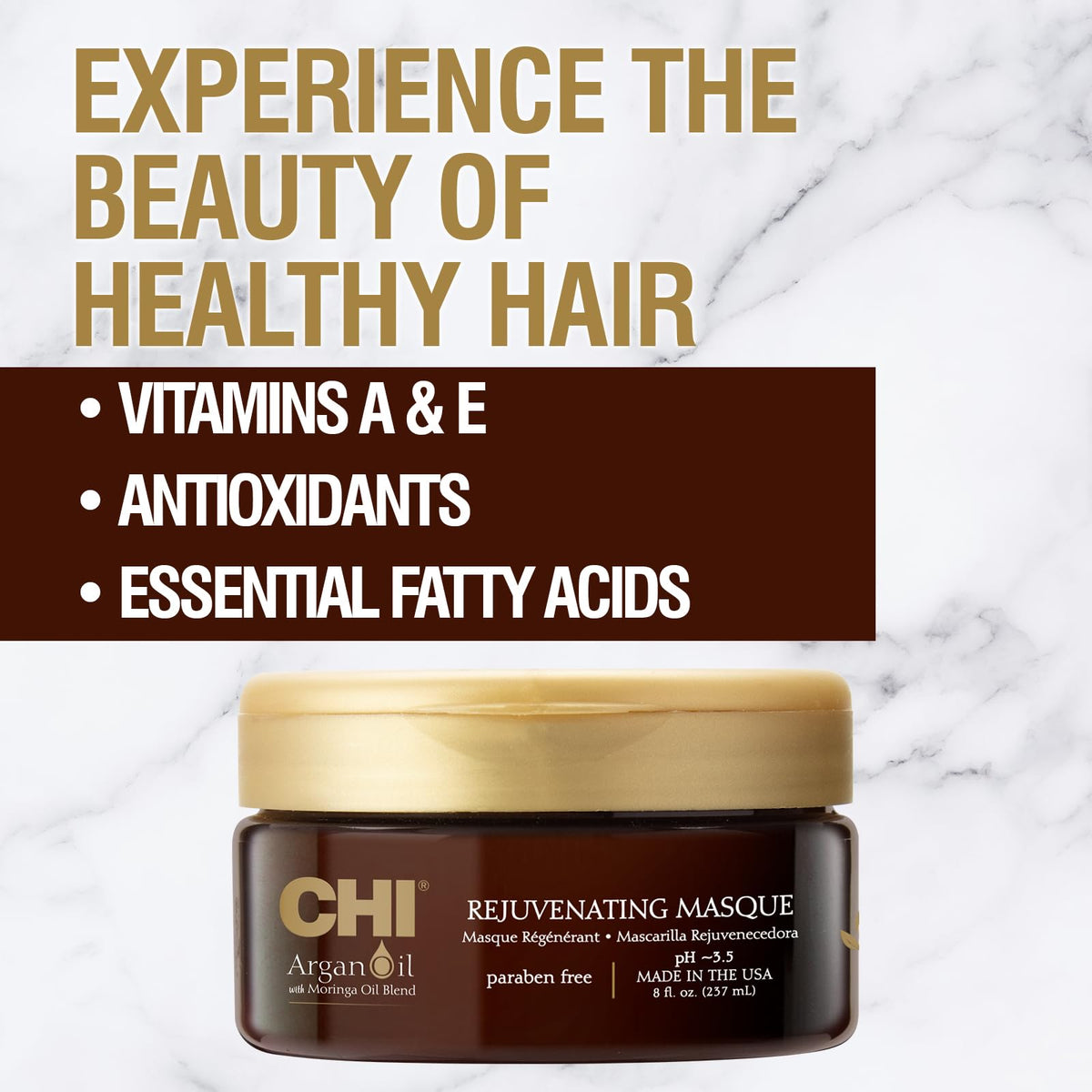 CHI Argan Oil Rejuvenating Masque jar promoting deep conditioning for frizz reduction.