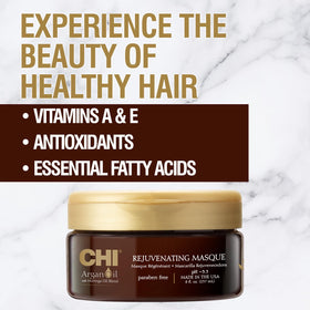 CHI Argan Oil Rejuvenating Masque jar promoting deep conditioning for frizz reduction.