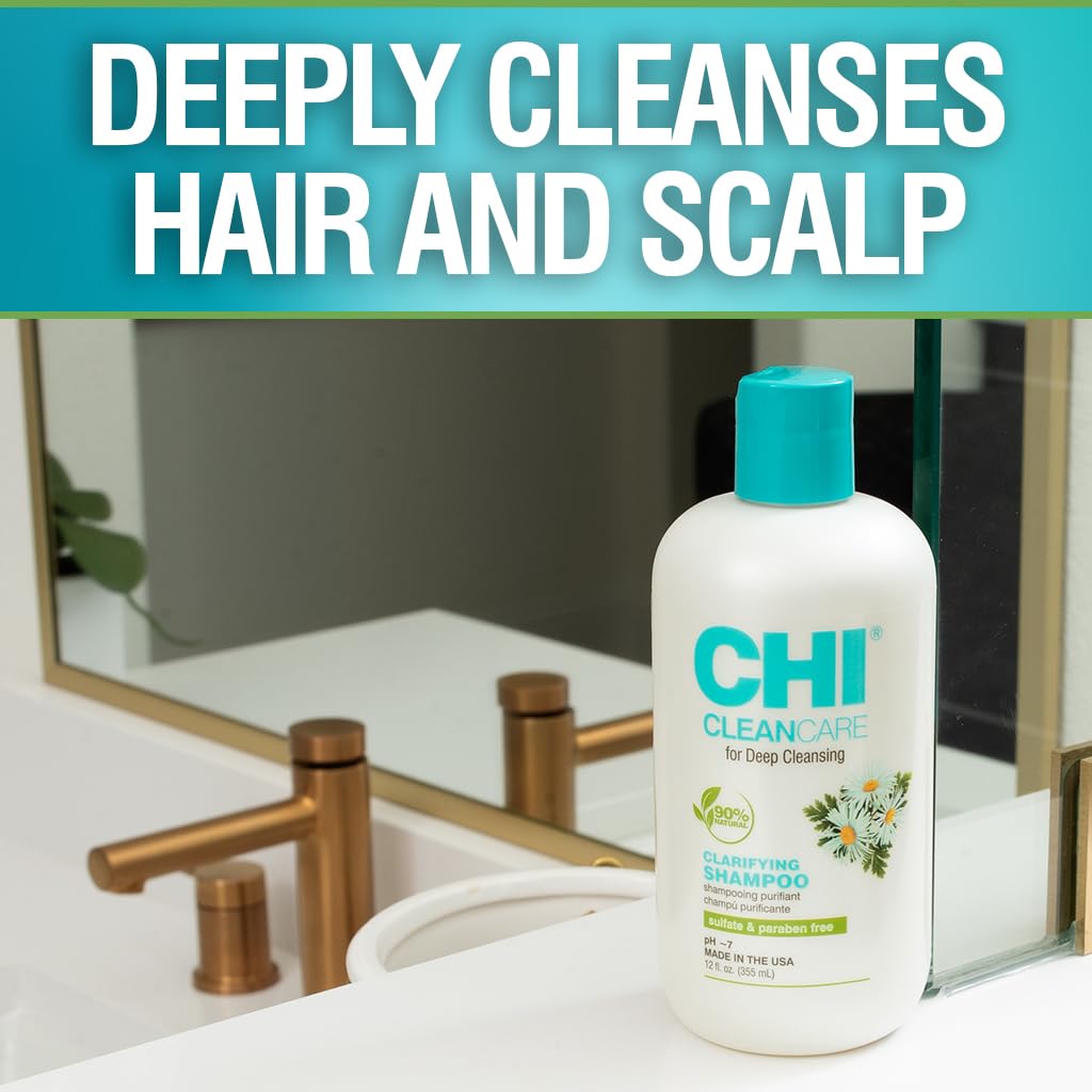 CHI CleanCare clarifying shampoo being poured to remove buildup and refresh hair