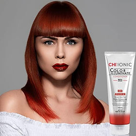 Color swatch beside CHI Color Illuminate Conditioner showing red auburn shade