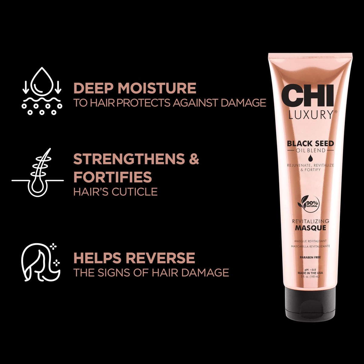 CHI Black Seed Oil masque jar shows rich cream texture nourishes hair.