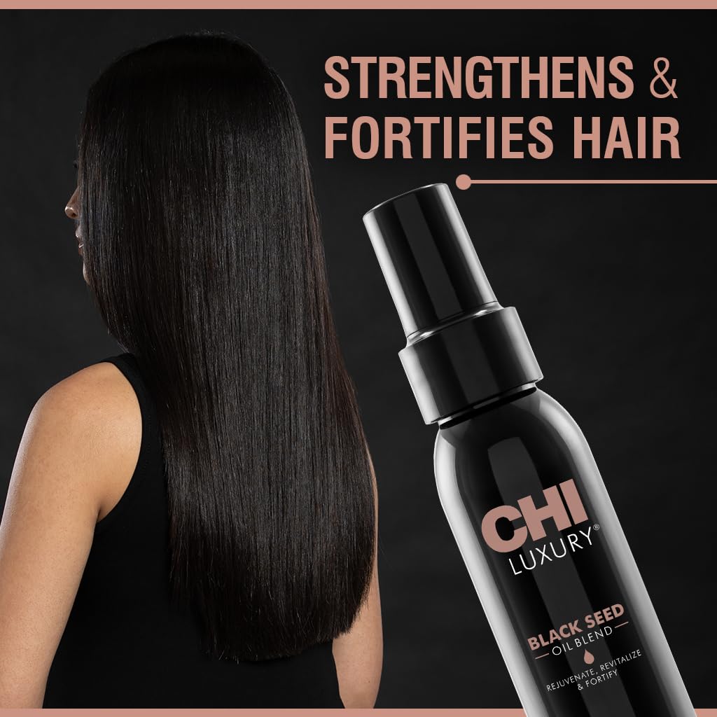 Hair before and after use shows improved shine and smoothness with CHI oil