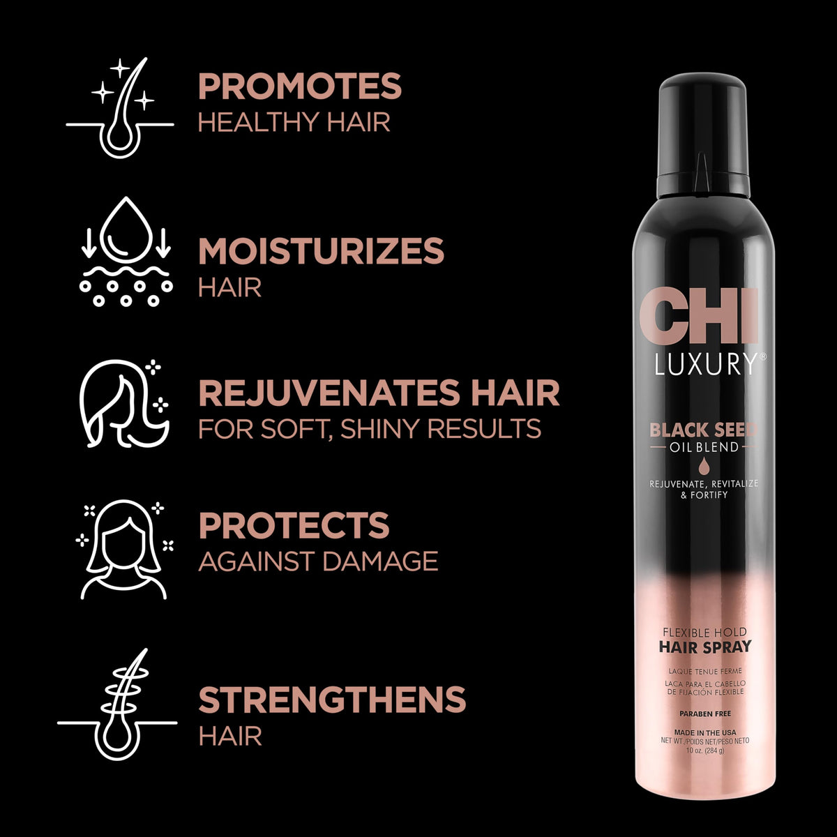 Close-up of CHI hairspray nozzle delivering even spray for lasting style.