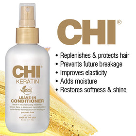 Close-up of CHI Keratin Leave-In Conditioner dispenser bottle for smooth application