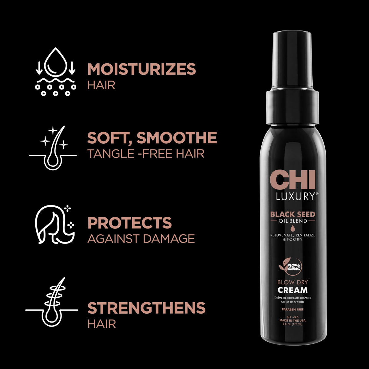 CHI bottle with pump enables easy application to damp hair before styling.