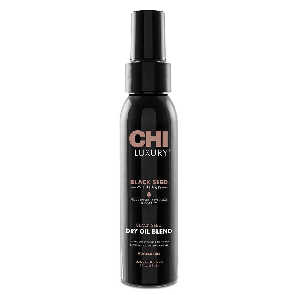 CHI Luxury Black Seed Oil bottle with pour spout showing premium nourishment for hair