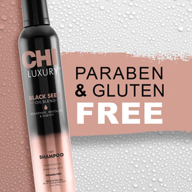 CHI Luxury Black Seed Oil Dry Shampoo packaging highlights cruelty-free branding