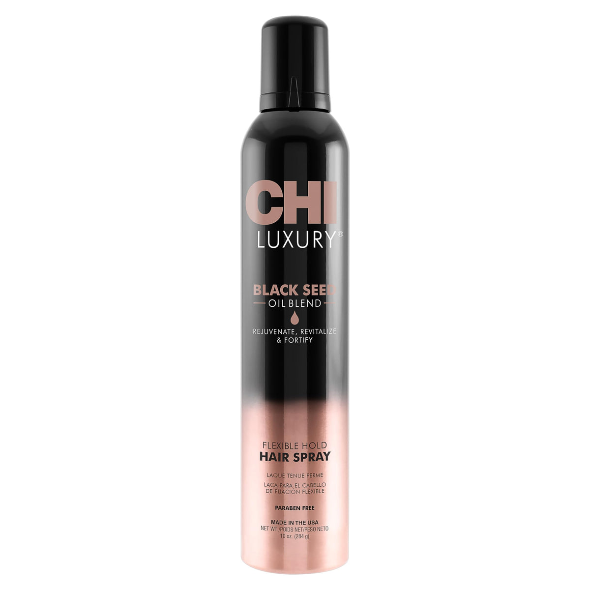 CHI Luxury Black Seed Oil Hairspray bottle showing volume and flexible hold.