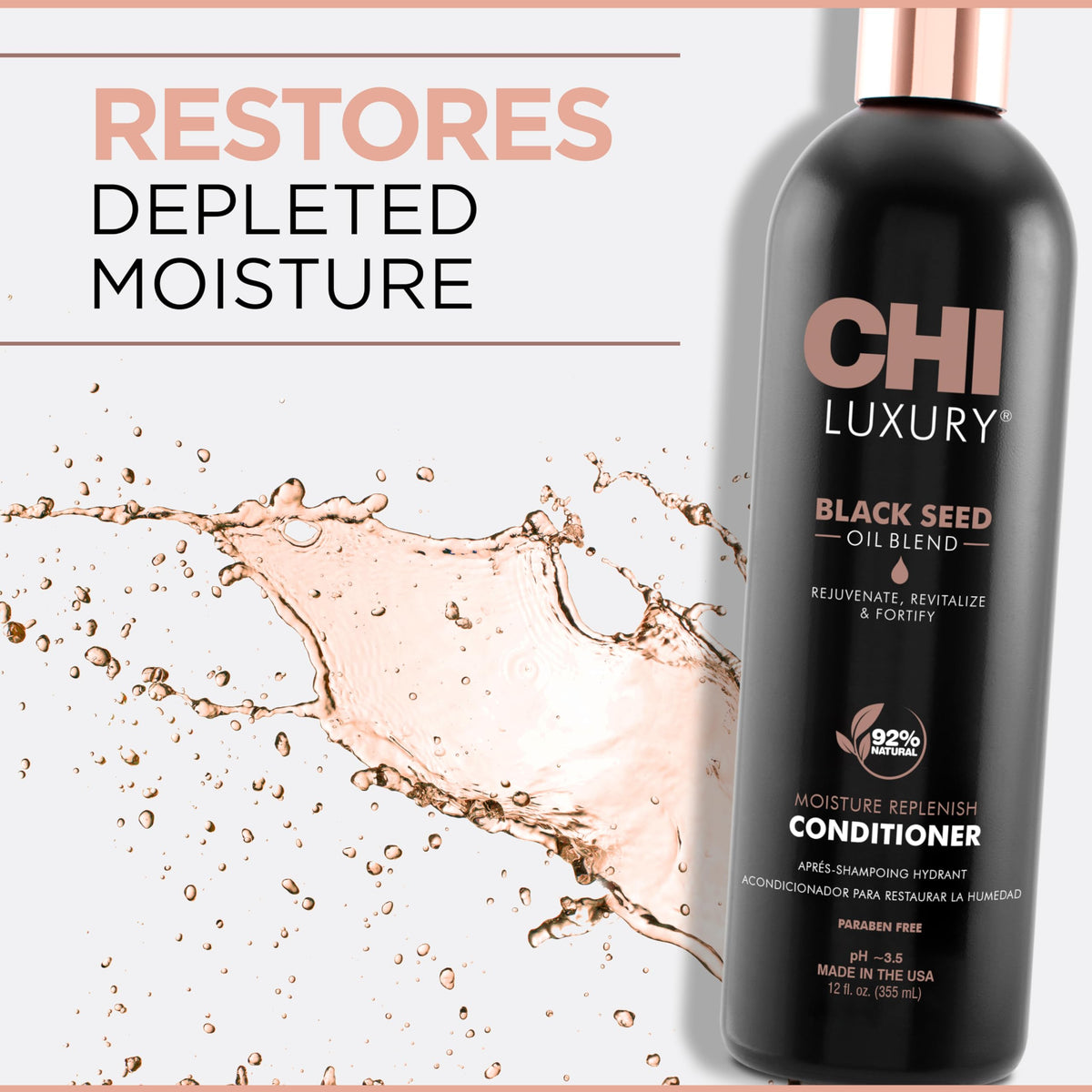 CHI Luxury Black Seed Oil Moisture Replenish Conditioner angled bottle highlighting formula benefits.