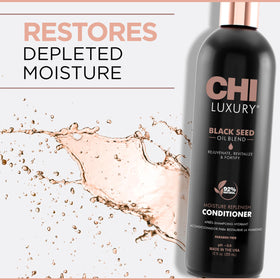 CHI Luxury Black Seed Oil Moisture Replenish Conditioner angled bottle highlighting formula benefits.