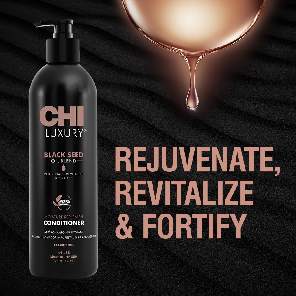 CHI Luxury Black Seed Oil Moisture Replenish Conditioner packaging highlighting sulfate- and paraben-free formula.