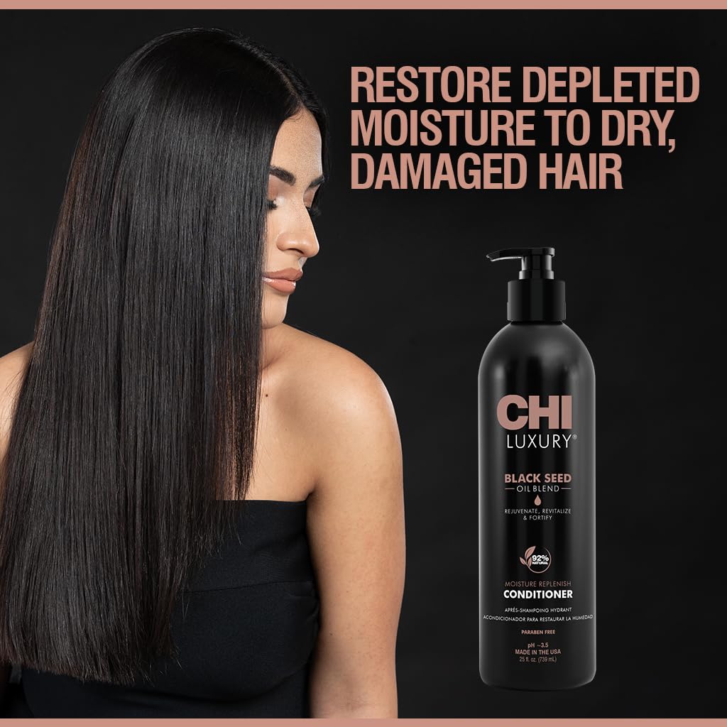 CHI Luxury Black Seed Oil conditioner texture close-up, suggesting smooth, tangle-free hair after use.