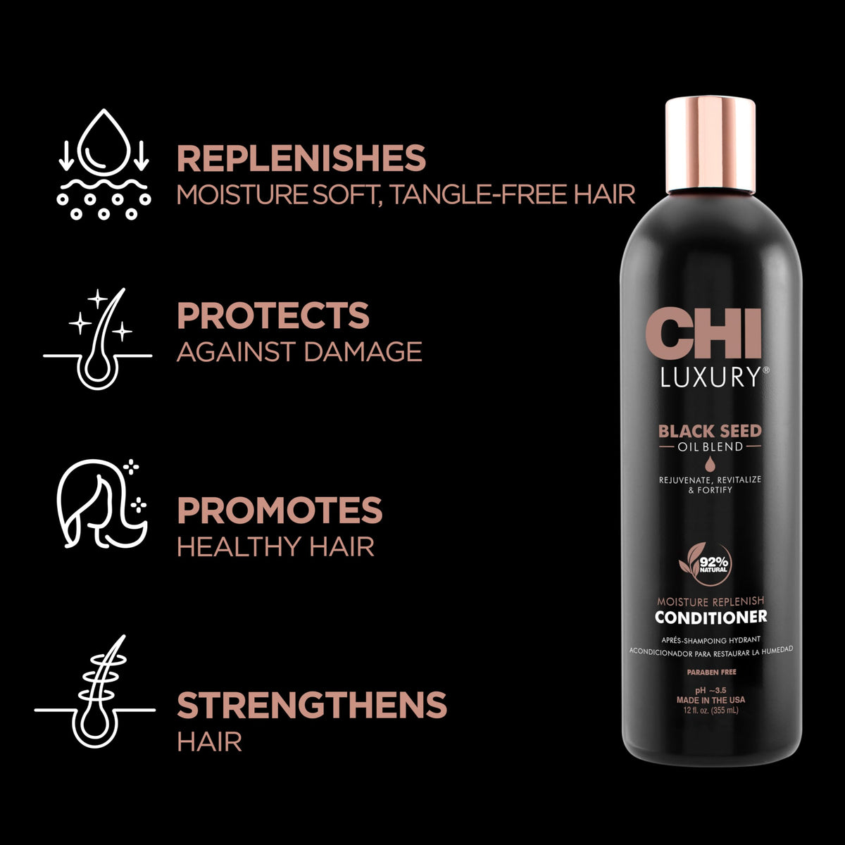 CHI Luxury Black Seed Oil Moisture Replenish Conditioner texture swirl suggests rich, nourishing cream.