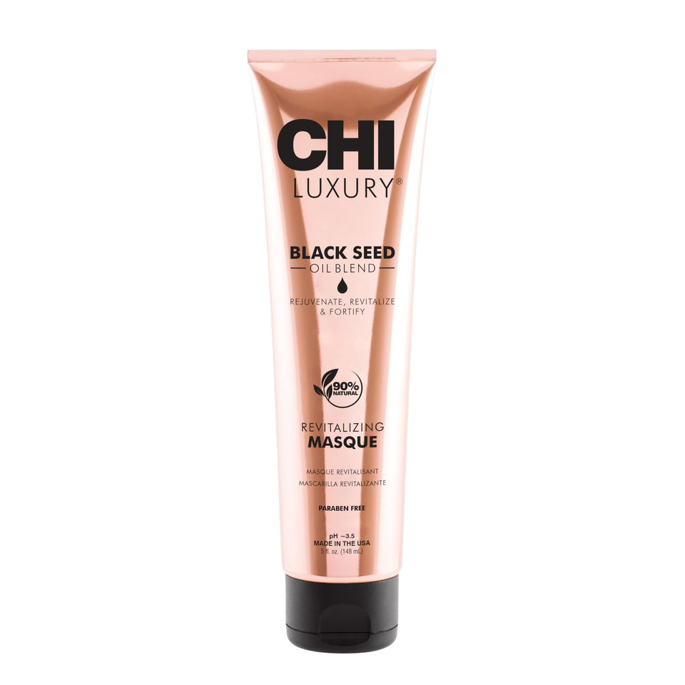 CHI Luxury Black Seed Oil Masque bottle close-up for deep conditioning.