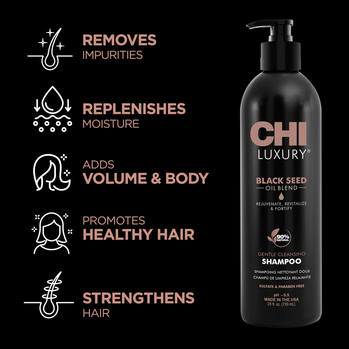 CHI Luxury Black Seed Oil Shampoo close-up showing glossy strands and shine