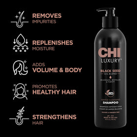 CHI Luxury Black Seed Oil Shampoo close-up showing glossy strands and shine