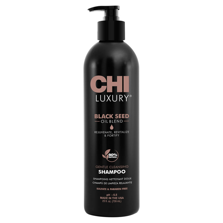 CHI Luxury Black Seed Oil Shampoo bottle with rich lather for voluminous hair