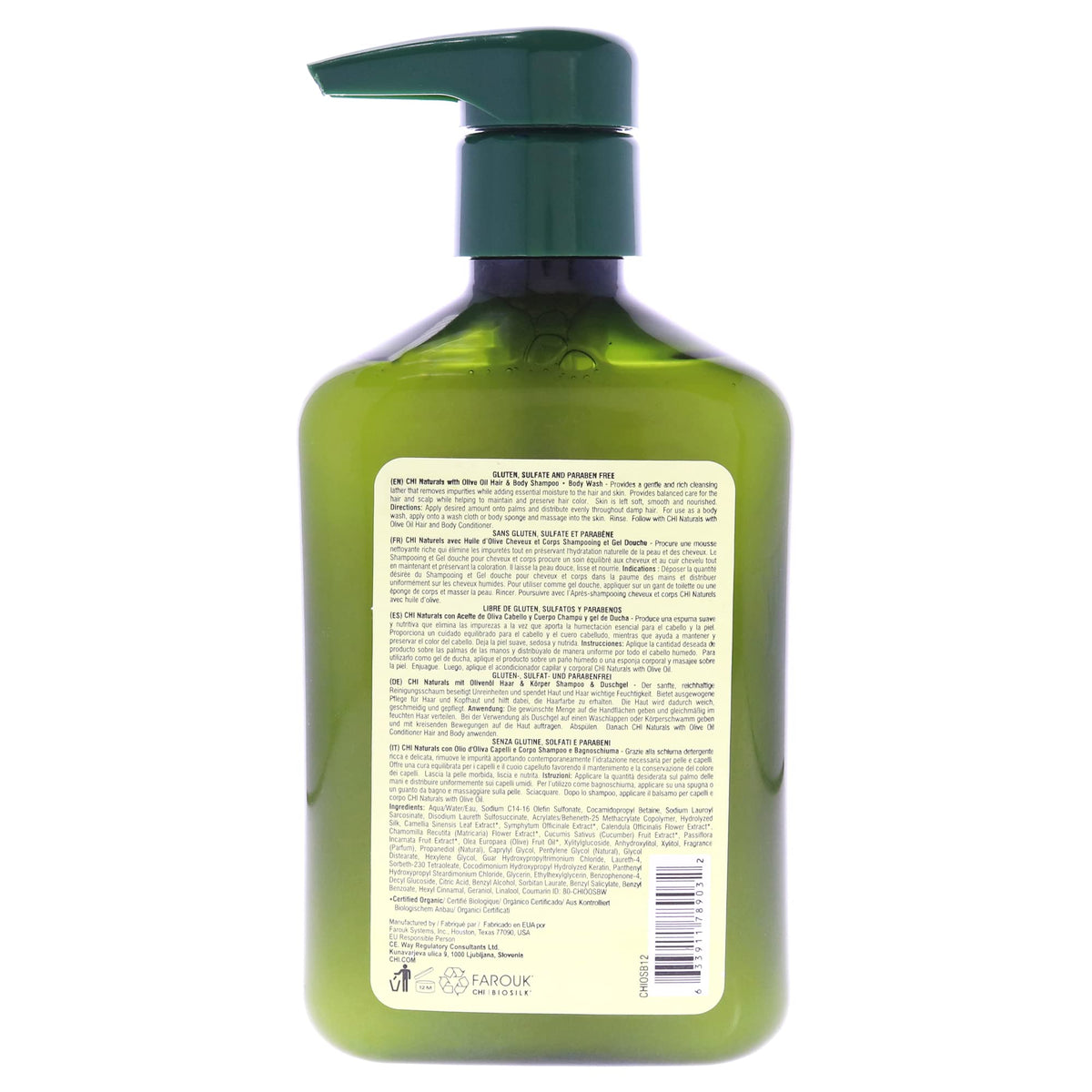 CHI Naturals Olive Oil Shampoo rich lather emphasizes color-safe hydration for hair.