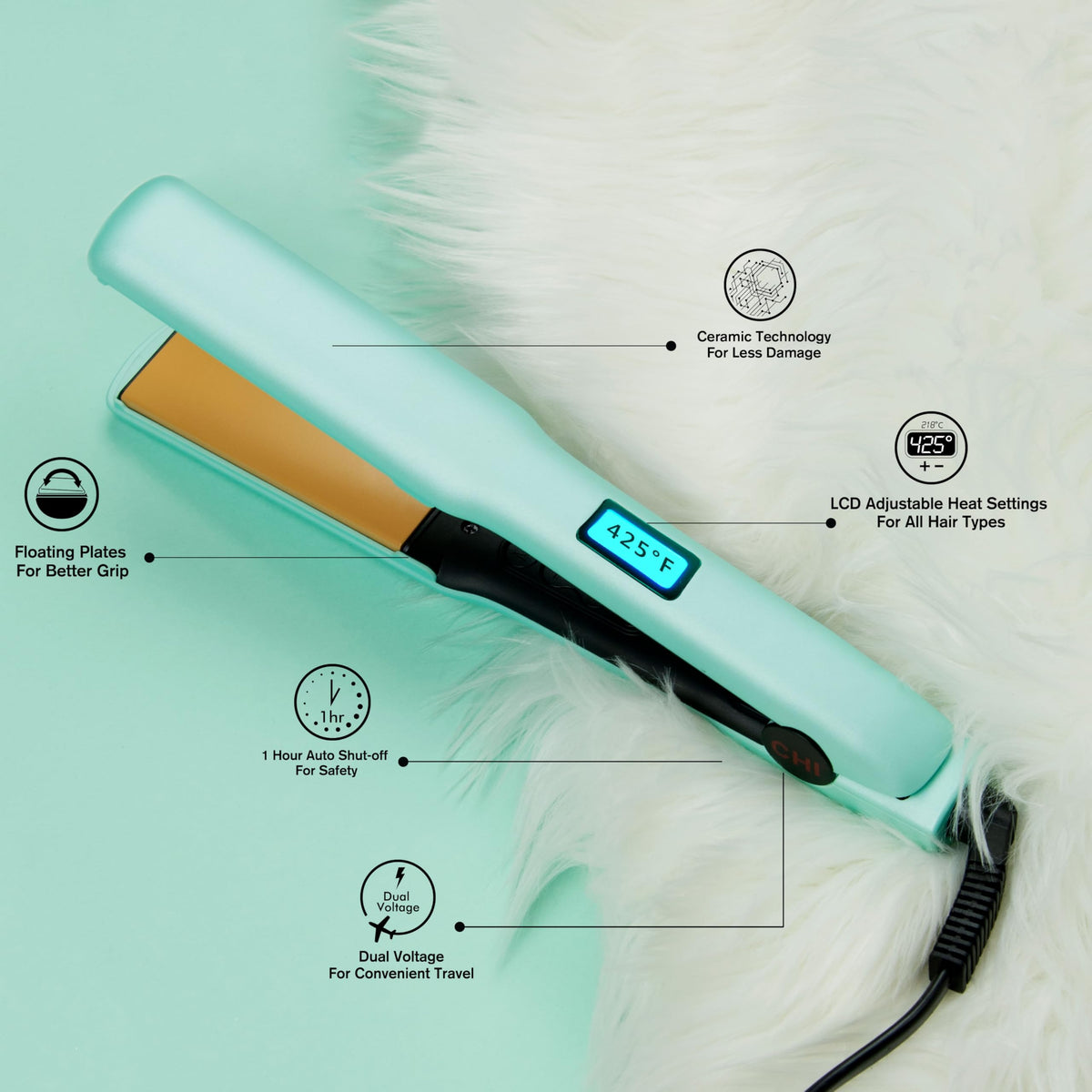 CHI Original flat iron highlighting ceramic technology for even heat and shine.