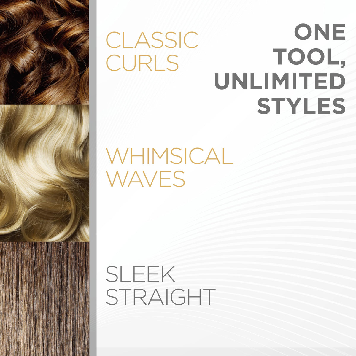 CHI Original flat iron demonstrates straight, curl, and wave styling options.