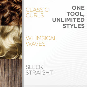 CHI Original flat iron demonstrates straight, curl, and wave styling options.