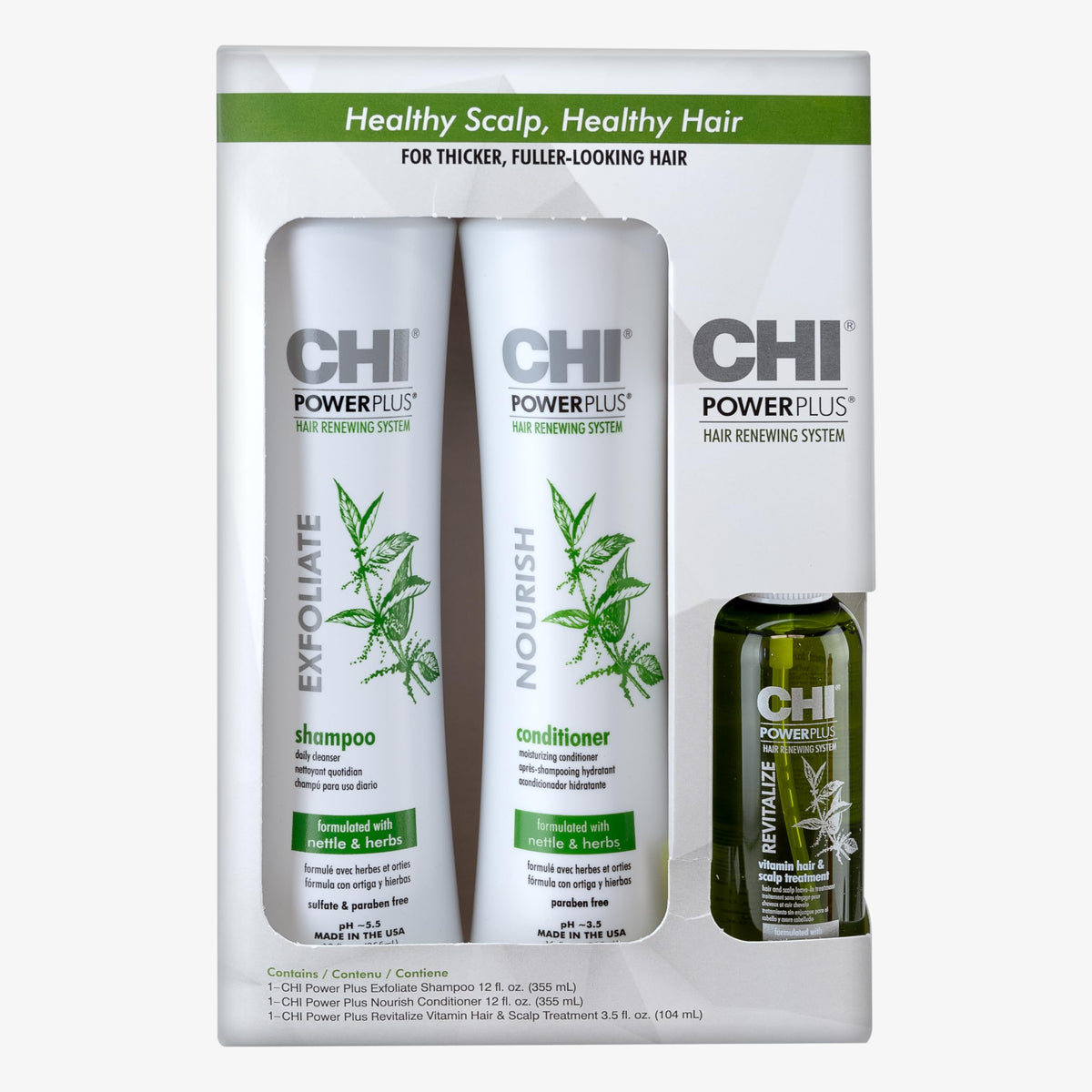 CHI PowerPlus renewing kit shampoo bottle shown for cleansing and prep