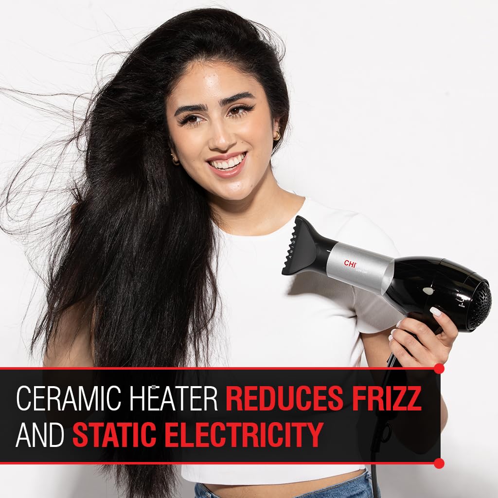 CHI Pro Hair Dryer ceramic heater graphic highlighting frizz reduction and moisture balance.