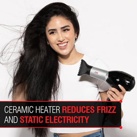 CHI Pro Hair Dryer ceramic heater graphic highlighting frizz reduction and moisture balance.