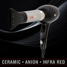 CHI Pro Hair Dryer infrared technology highlight illustrating reduced static during styling.