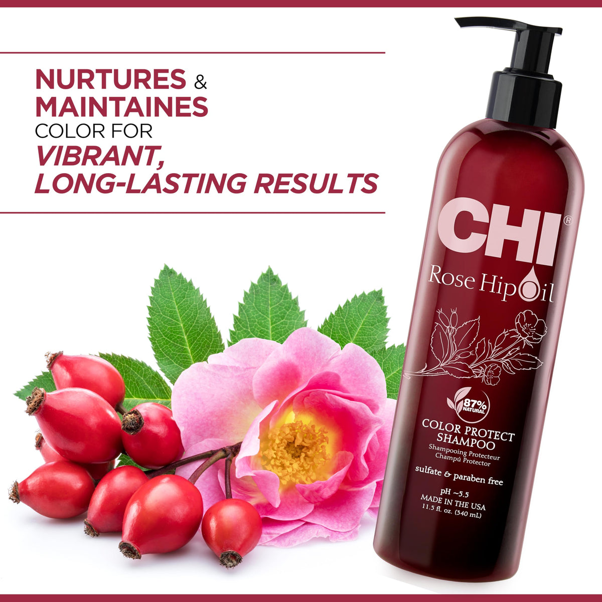 Close-up of CHI Rose Hip Protecting Shampoo label highlighting color protection.