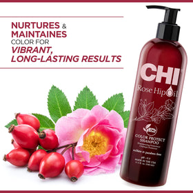 Close-up of CHI Rose Hip Protecting Shampoo label highlighting color protection.