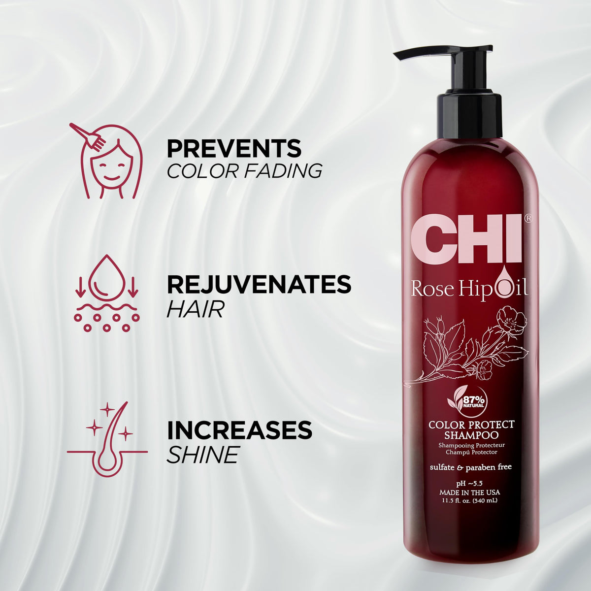 Shampoo pump for CHI Rose Hip Protecting Shampoo ensures easy, mess-free application.