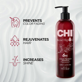 Shampoo pump for CHI Rose Hip Protecting Shampoo ensures easy, mess-free application.