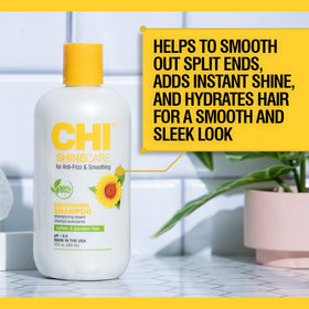 CHI ShineCare Smoothing Shampoo being applied to hair for smoothing.