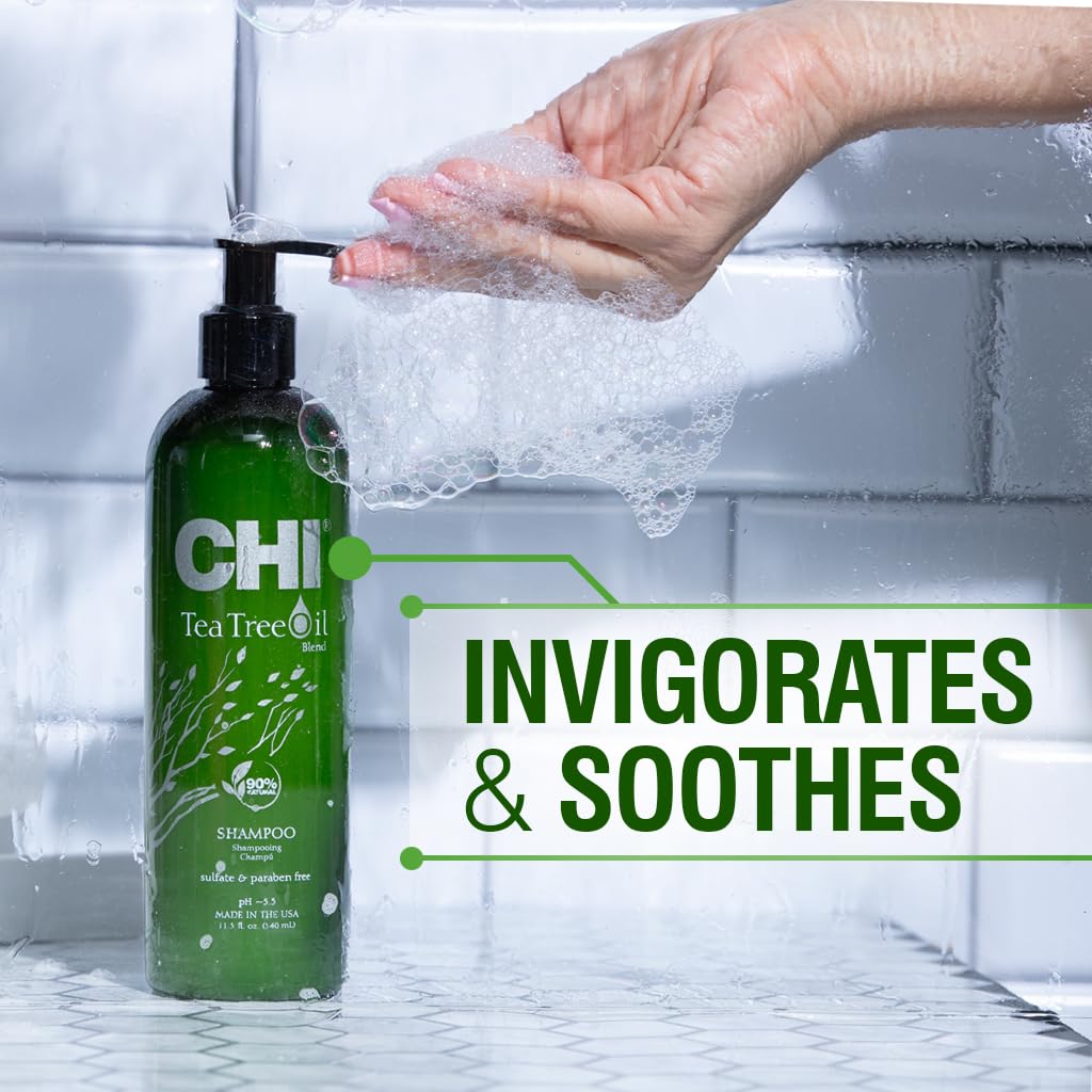 Applying CHI Tea Tree Shampoo, bottle being squeezed for even distribution.