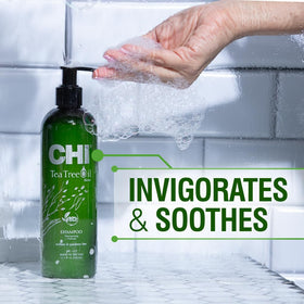 Applying CHI Tea Tree Shampoo, bottle being squeezed for even distribution.