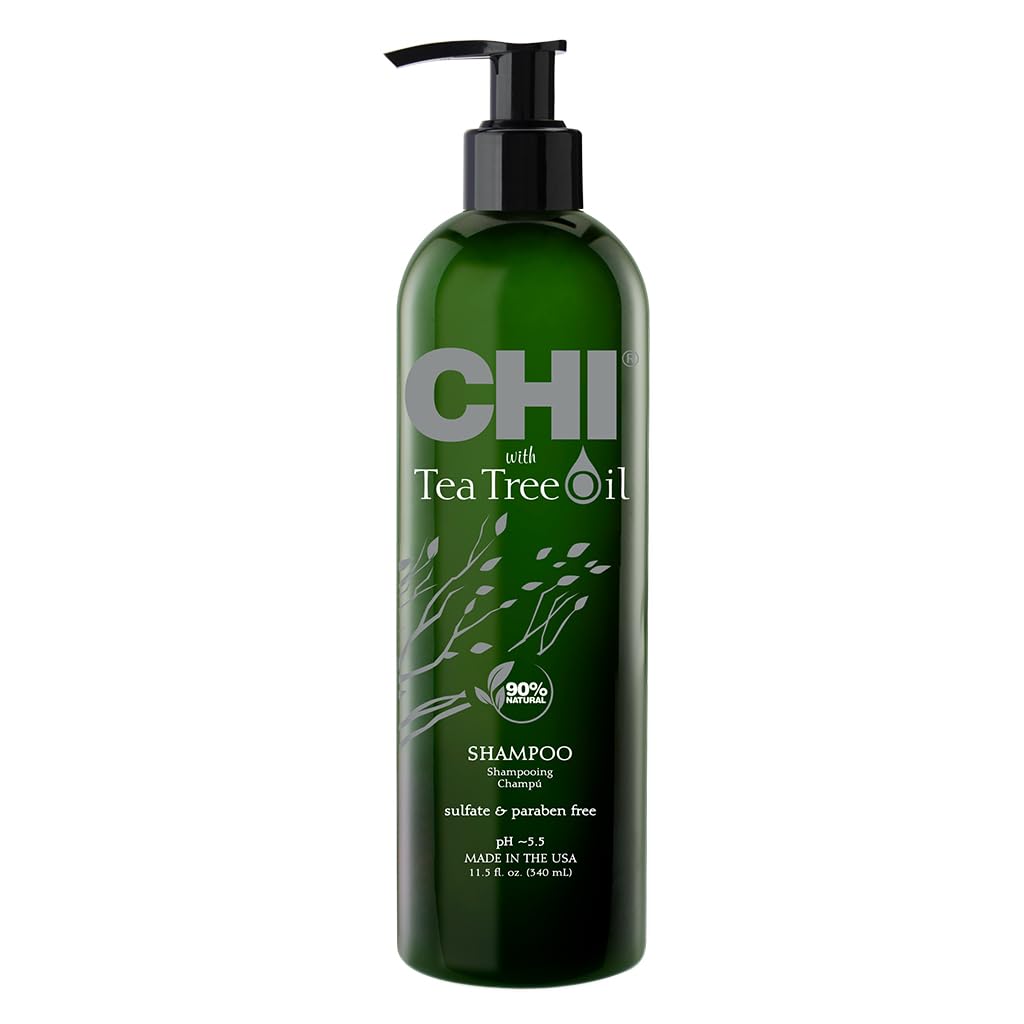 CHI Tea Tree Shampoo bottle front shows sulfate-free formula for gentle cleansing.