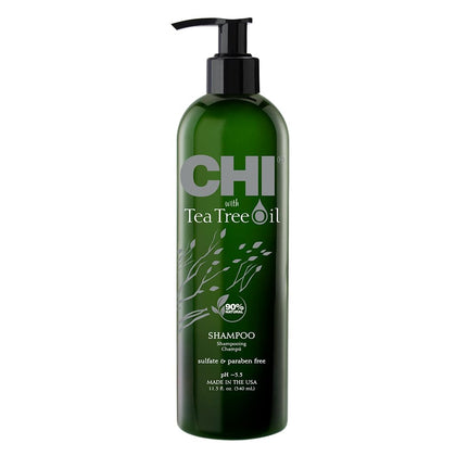 CHI Tea Tree Shampoo bottle front shows sulfate-free formula for gentle cleansing.