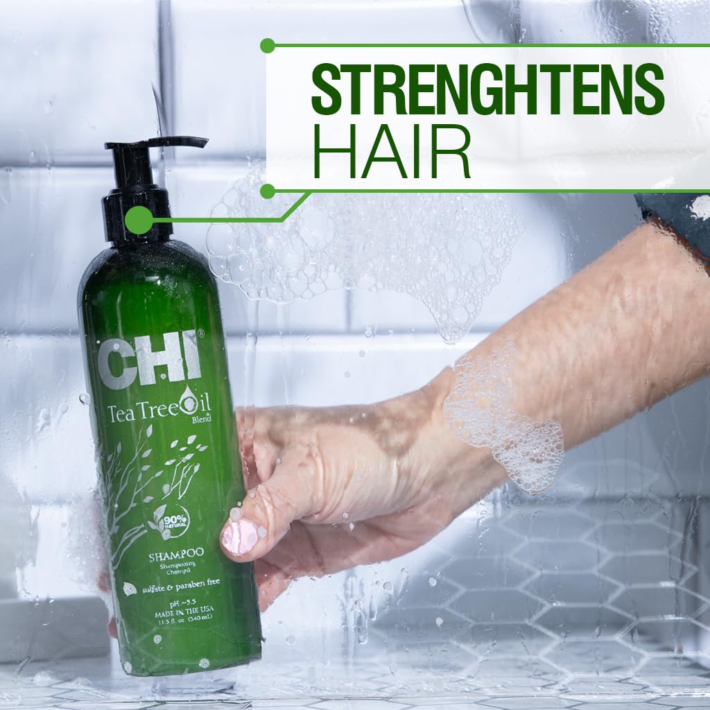 CHI Tea Tree Shampoo ingredients highlight tea tree and peppermint for scalp balance.