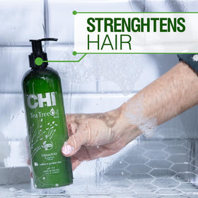 CHI Tea Tree Shampoo ingredients highlight tea tree and peppermint for scalp balance.