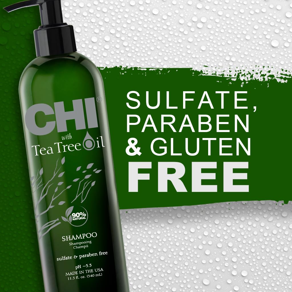 CHI Tea Tree Shampoo packaging shown as recyclable and cruelty-free.