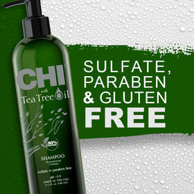 CHI Tea Tree Shampoo packaging shown as recyclable and cruelty-free.