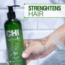 CHI Tea Tree Shampoo pour stream demonstrates easy distribution through damp hair.