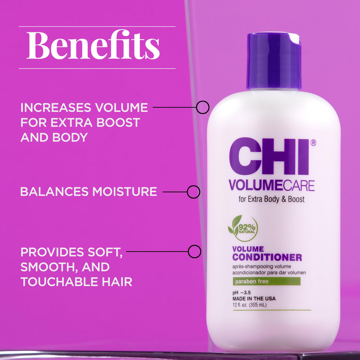 CHI VolumeCare conditioner label front highlights gentle, sulfate- and paraben-free formula