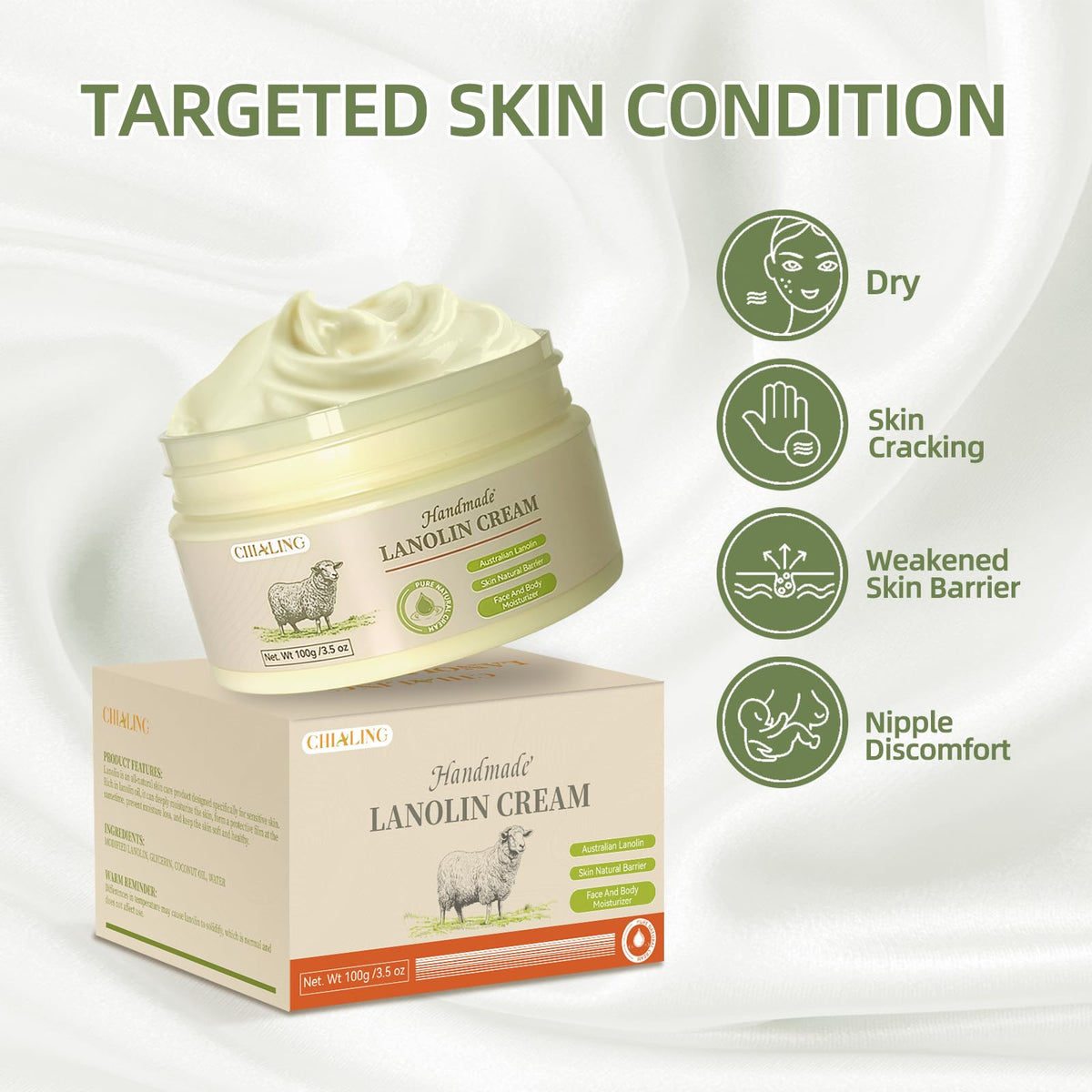 Chialing lanolin cream texture closeup reveals creamy richness and quick absorption