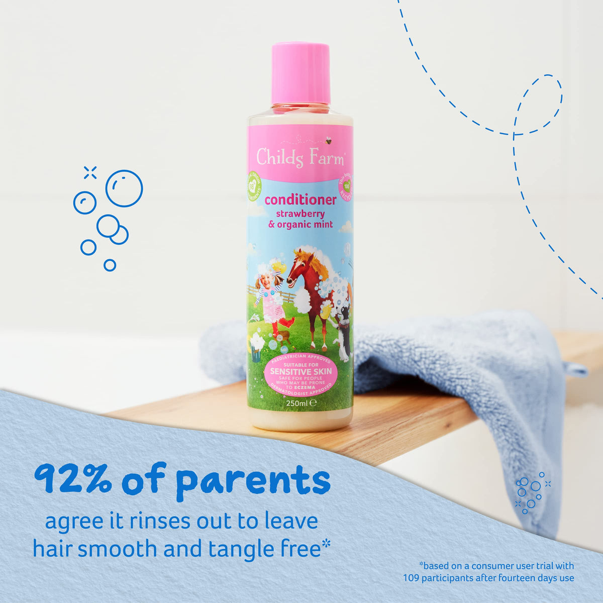 Childs Farm bottle close-up shows vegan formula for clean styling.