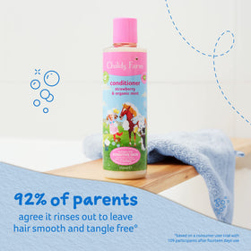 Childs Farm bottle close-up shows vegan formula for clean styling.
