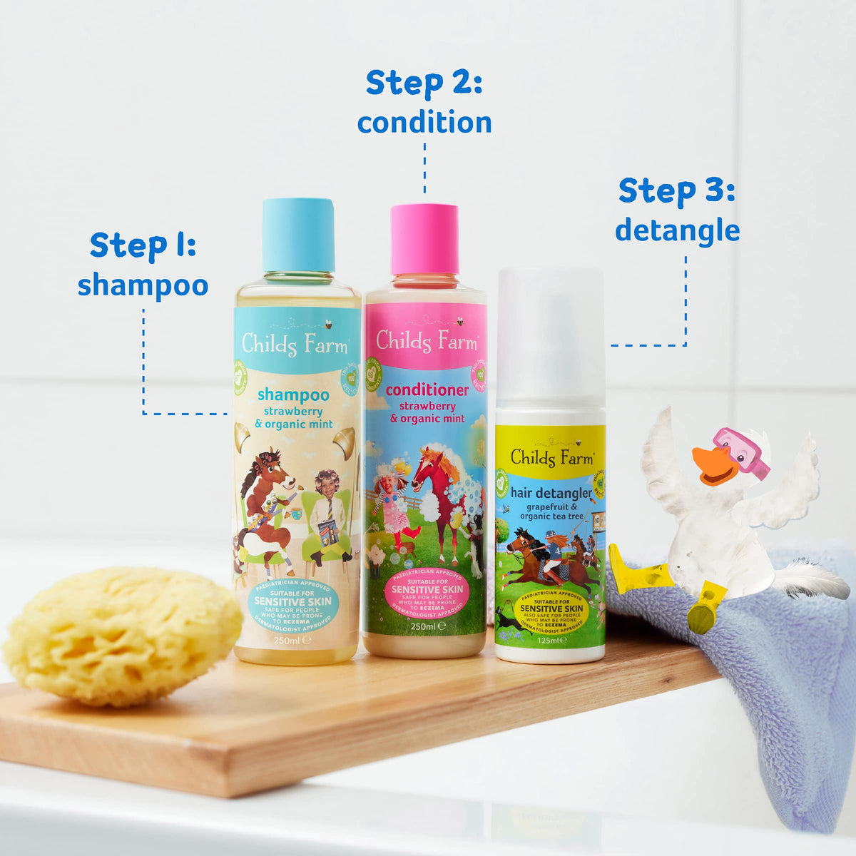 Childs Farm bottle close-up emphasizes pediatrician and dermatologist testing.