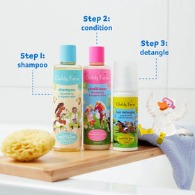 Childs Farm bottle close-up emphasizes pediatrician and dermatologist testing.