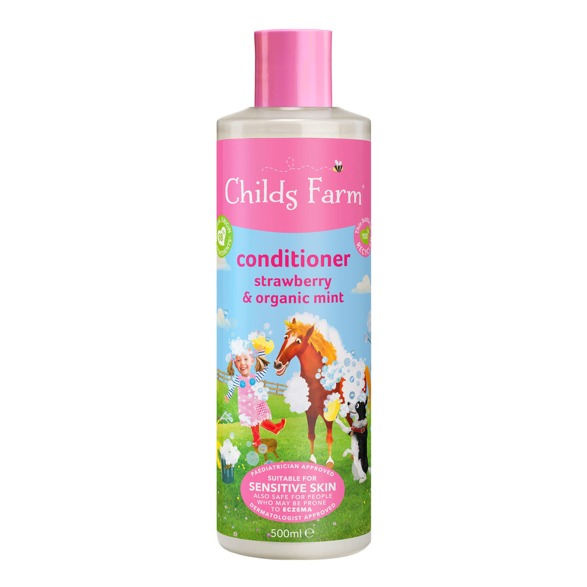 Childs Farm kids hair conditioner strawberry mint bottle pour for easy application.